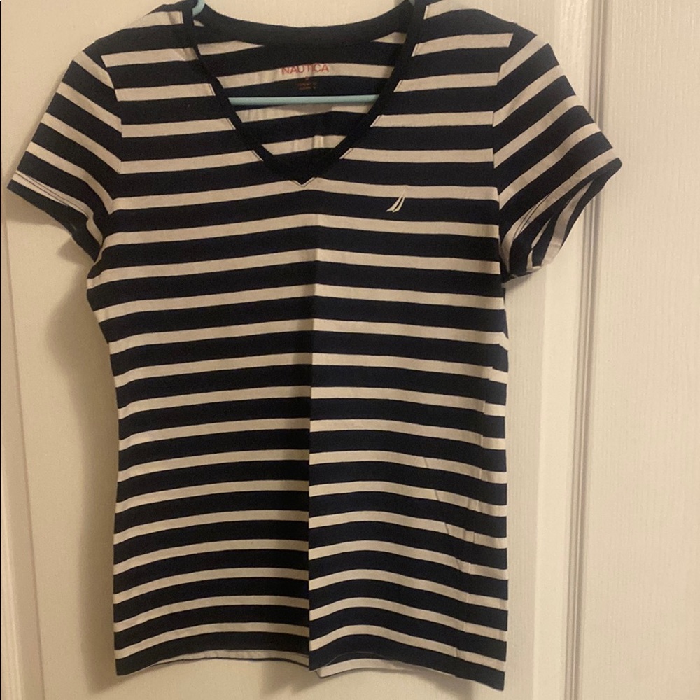 Nautica Navy and White Striped V-Neck Tee